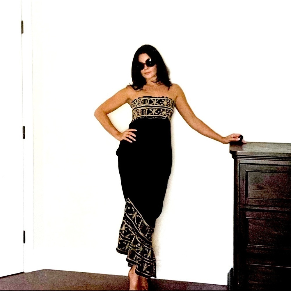 Poupette St. Barth Luxe Grecian Strapless Black/Earth/Gold Dress Cover-up S